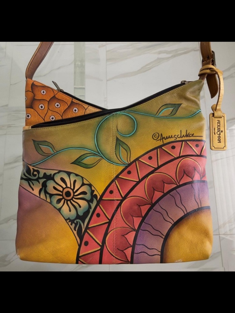 Anuschka Hand-Painted Leather Hobo Shoulder Bag | Abstract Multicolor | 11" × 9½